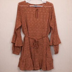 Shyanne ruffle lace rust brown long sleeve mini dress-XXL